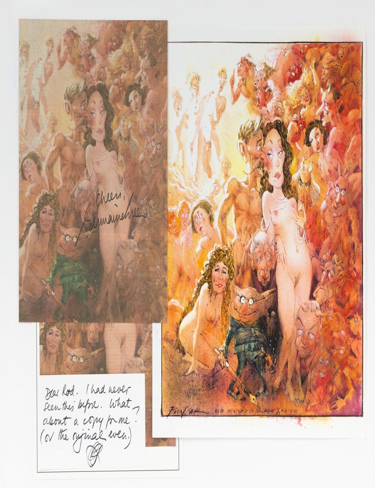 Item #146887 A large cartoon by Bill Leak showing Germaine Greer as a Norman Lindsay-style nude amongst other Australian writers, signed 'Cheers, Germaine Greer'. Germaine GREER, Bill LEAK.