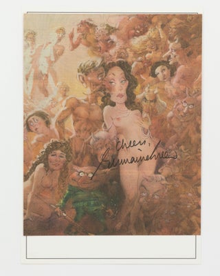 A large cartoon by Bill Leak showing Germaine Greer as a Norman Lindsay-style nude amongst other Australian writers, signed 'Cheers, Germaine Greer'