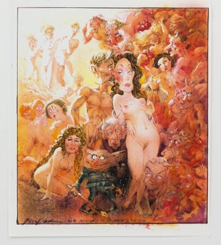 A large cartoon by Bill Leak showing Germaine Greer as a Norman Lindsay-style nude amongst other Australian writers, signed 'Cheers, Germaine Greer'