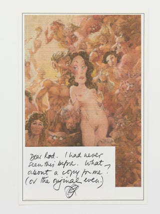 A large cartoon by Bill Leak showing Germaine Greer as a Norman Lindsay-style nude amongst other Australian writers, signed 'Cheers, Germaine Greer'
