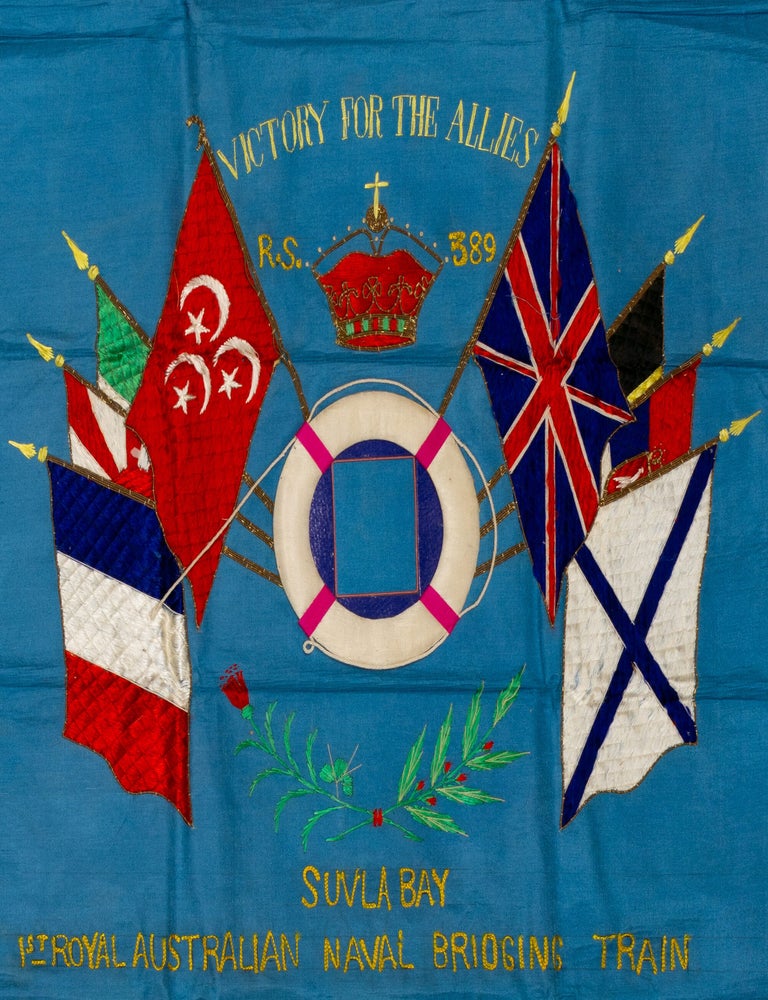 Item #146922 Three large embroidered silk panels personalised for 389 Private Richard Schenk of the 1st Royal Australian Naval Bridging Train during the First World War. First World War Souvenirs, 389 Private Richard SCHENK.