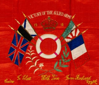 Three large embroidered silk panels personalised for 389 Private Richard Schenk of the 1st Royal Australian Naval Bridging Train during the First World War