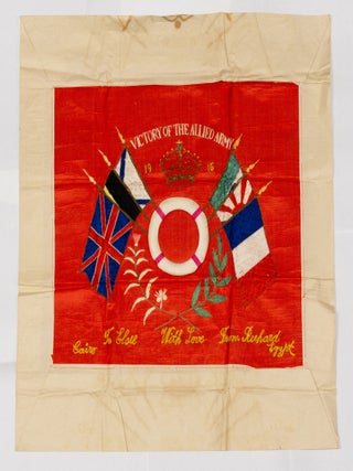 Three large embroidered silk panels personalised for 389 Private Richard Schenk of the 1st Royal Australian Naval Bridging Train during the First World War