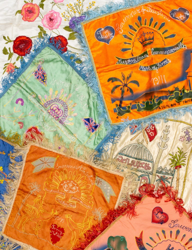 Item #146923 Seven embroidered silk cushion covers collected by Australian soldiers on active service during the Second World War. Second World War Souvenirs.
