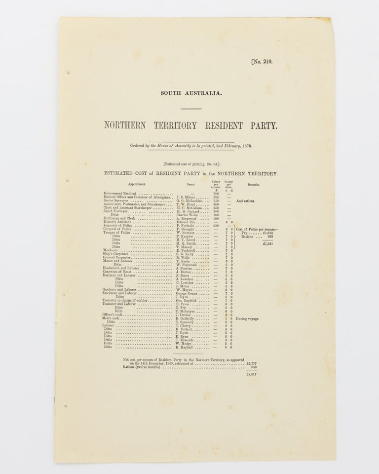 Item #20491 Northern Territory Resident Party. Estimated Cost of Resident Party in the Northern Territory