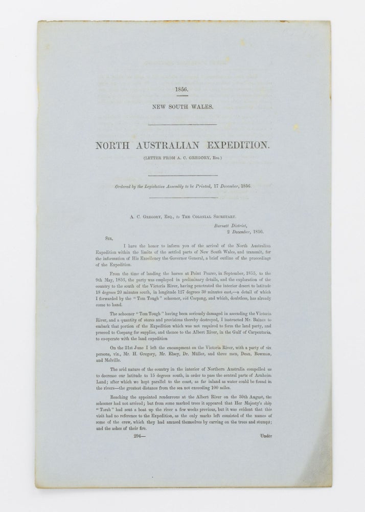 Item #20631 North Australian Expedition. (Letter from A.C. Gregory, Esq.). Augustus GREGORY.