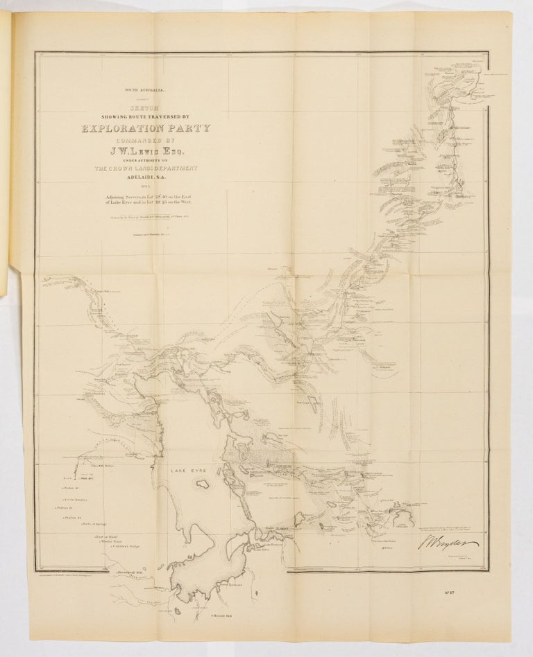 Item #24335 Sketch showing route traversed by Exploration Party commanded by J.W. Lewis Esq. under authority of the Crown Lands Department, Adelaide SA. 1874-5. Adjoining Surveys, in Lat 28* 50' on the East of Lake Eyre and in Lat 28* 15' on the West. Ordered by the House of Assembly to be Lithographed, 29th June 1875 ... [printed title]. J. W. LEWIS.