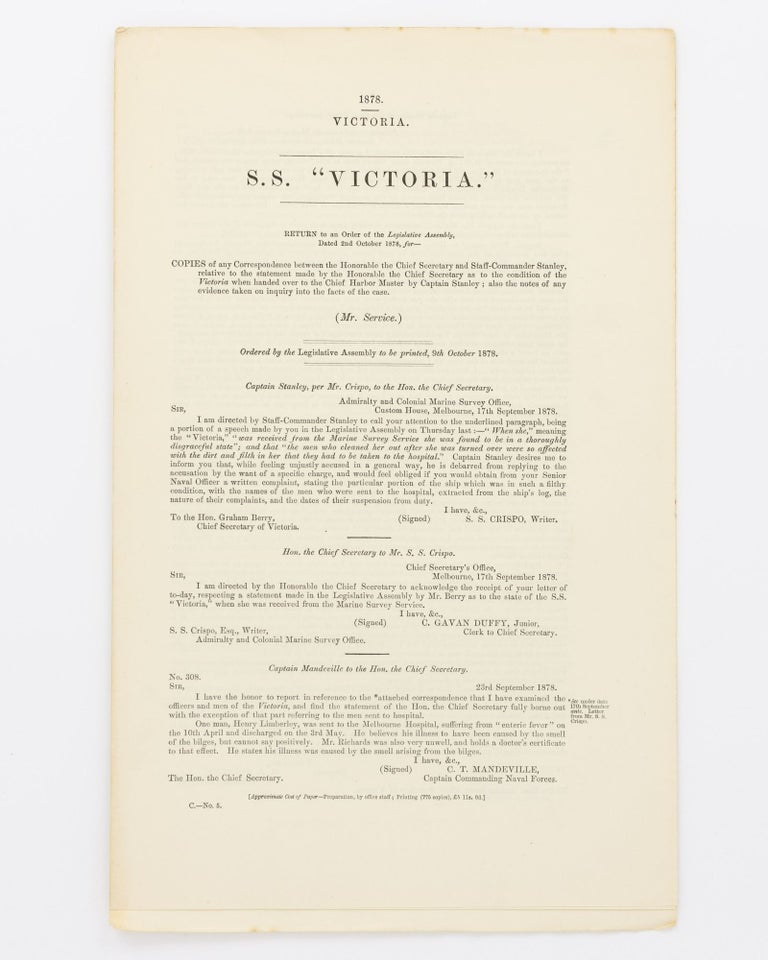 Item #27360 SS 'Victoria' ... Copies of any Correspondence ... relative to the Statement made by the Honorable the Chief Secretary as to the Condition of the 'Victoria' when handed over to the Chief Harbor Master by Captain Stanley. SS 'Victoria'.