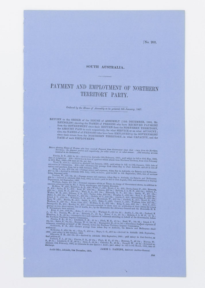 Item #32921 Payment and Employment of Northern Territory Party. Northern Territory.