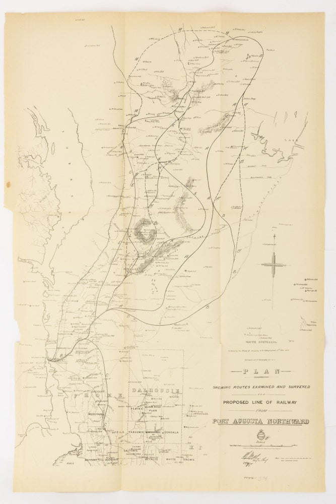 Item #50361 Plan shewing Routes examined and surveyed for Proposed Line of Railway from Port Augusta northward. Map.