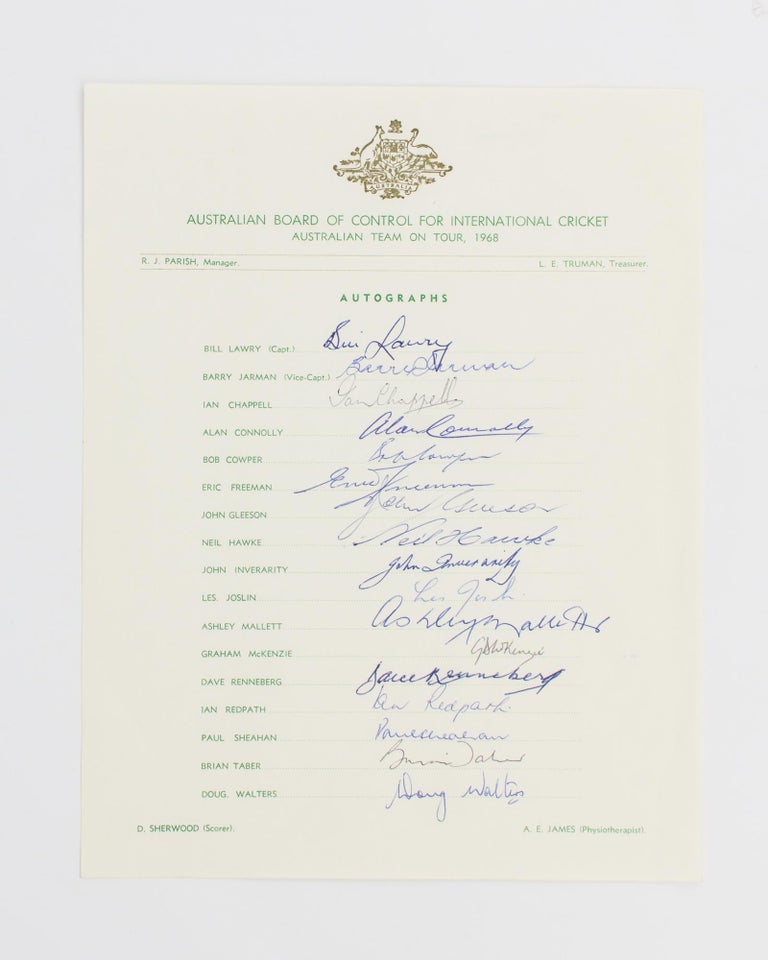 Item #55088 An official Australian Board of Control for International Cricket autograph sheet for the Australian Team on Tour, 1968. 1968 Australia.