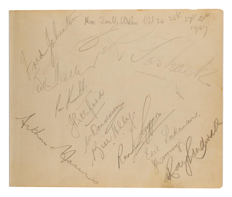 Item #55349 A detached autograph album leaf (165 × 200 mm) signed in pencil by the NSW team for the match against Queensland, 24-28 October 1947 (SSM 354). Cricket, 1947 New South Wales, 1947 Victoria.