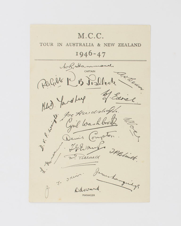 Item #55351 A detached autograph album leaf (135 x 85 mm) signed in ink by the Australian team for the Fourth Test match against England in Adelaide, 31 January and 1, 3-6 February 1947. The signatures are Bradman [Captain], Dooland, Freer [12th man], M.R. Harvey, Hassett, Ian Johnson, Lindwall, McCool, Miller, Morris, Tallon and Toshack. Cricket, 1947 Australia.