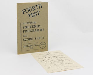 A detached autograph album leaf (135 x 85 mm) signed in ink by the Australian team for the Fourth Test match against England in Adelaide, 31 January and 1, 3-6 February 1947. The signatures are Bradman [Captain], Dooland, Freer [12th man], M.R. Harvey, Hassett, Ian Johnson, Lindwall, McCool, Miller, Morris, Tallon and Toshack