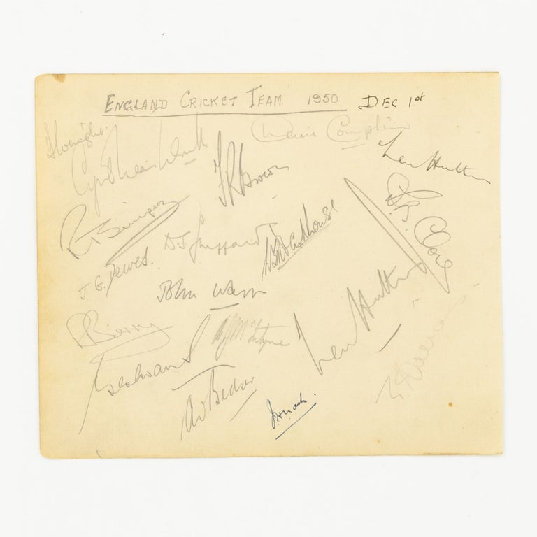 Item #55377 A detached autograph album leaf (165 × 200 mm) signed (mainly) in pencil by the touring MCC team in Australia, at the time of the First Test in Brisbane, 1-5 December 1950. Cricket, MCC.