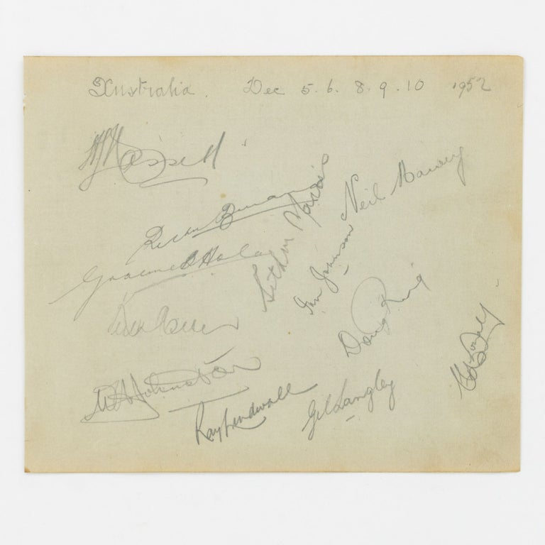 Item #55381 A detached autograph album leaf (165 × 200 mm) signed in pencil by the Australian team for the First Test against South Africa in Brisbane, 5-10 December 1952. Cricket, 1952 Australia, 1953 Victoria.