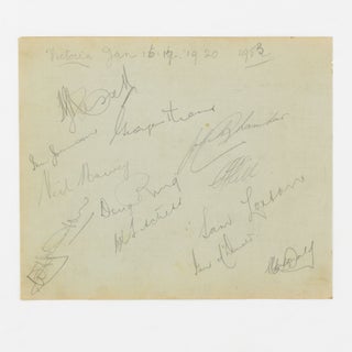 A detached autograph album leaf (165 × 200 mm) signed in pencil by the Australian team for the First Test against South Africa in Brisbane, 5-10 December 1952