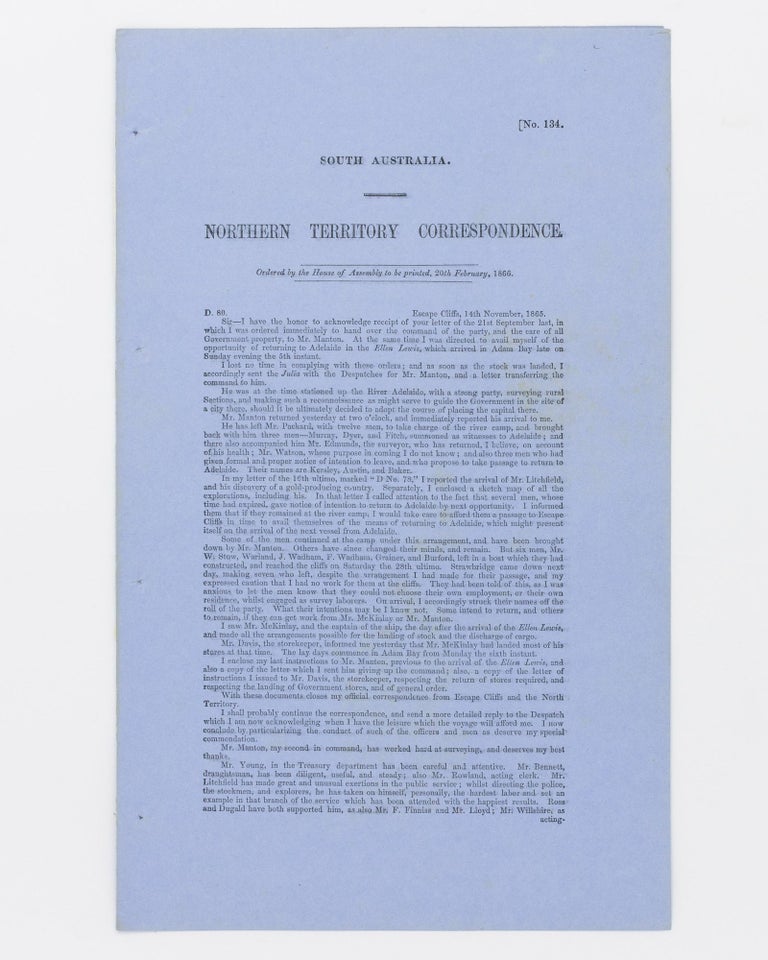 Item #58336 Northern Territory Correspondence. Northern Territory, Boyle Travers FINNISS.