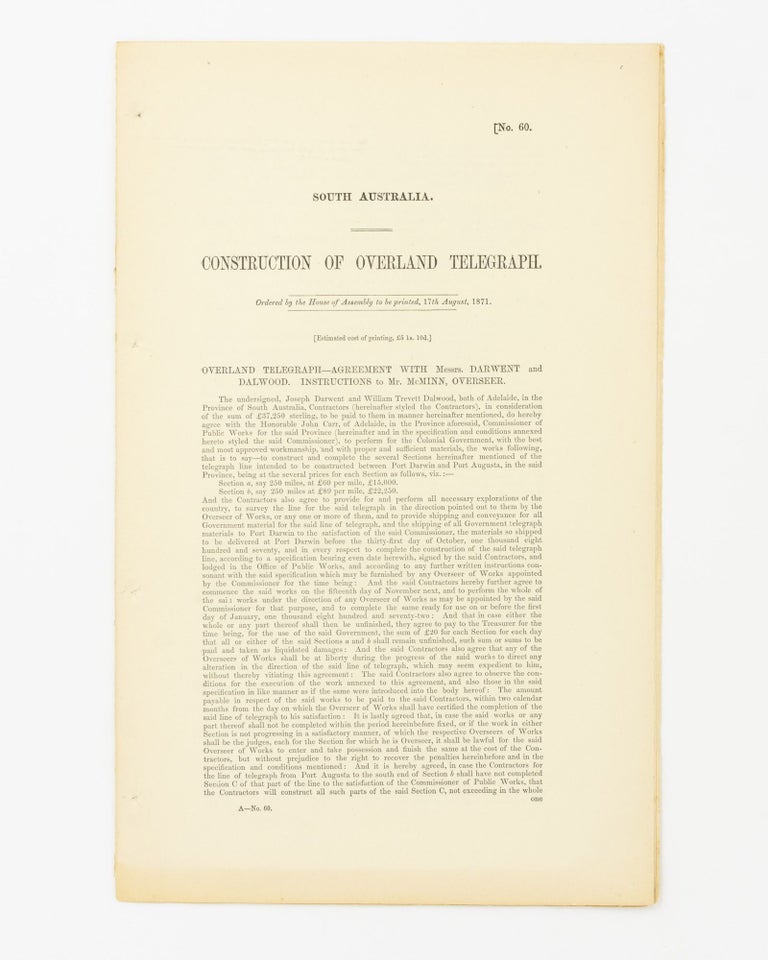 Item #58344 Construction of Overland Telegraph... Agreement with Messrs Darwent and Dalwood. Instructions to Mr McMinn, Overseer. Overland Telegraph.