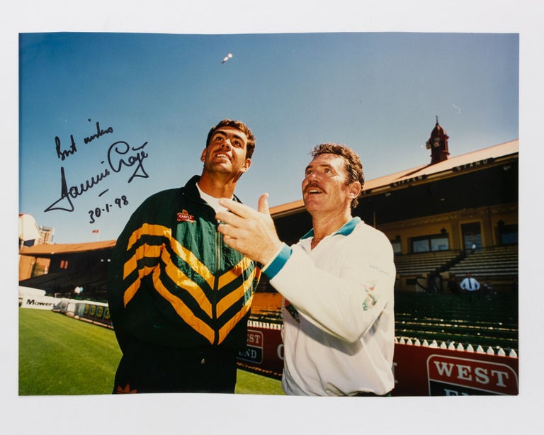 Item #58500 A signed colour photograph (260 x 350 mm) taken before the Test match in Adelaide in 1994. Leicestershire Orange Free State, South Africa, 'Hansie'.