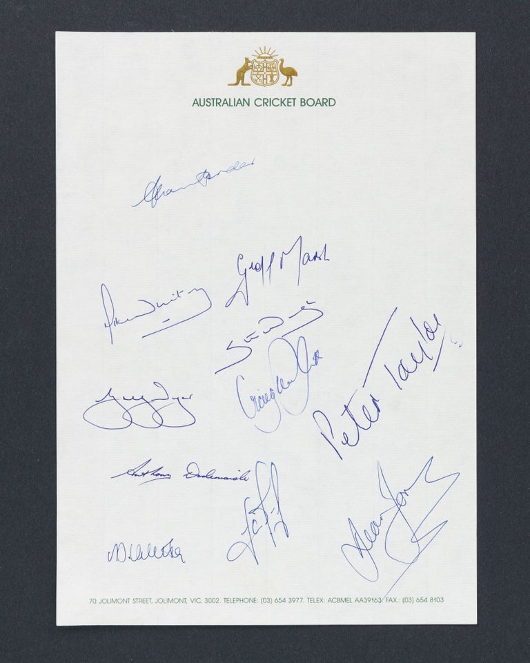 Item #62773 An 'unofficial' autograph sheet (but on the gilt-embossed letterhead of the Australian Cricket Board) for an Australian Test Cricket team. 1980s Australia.