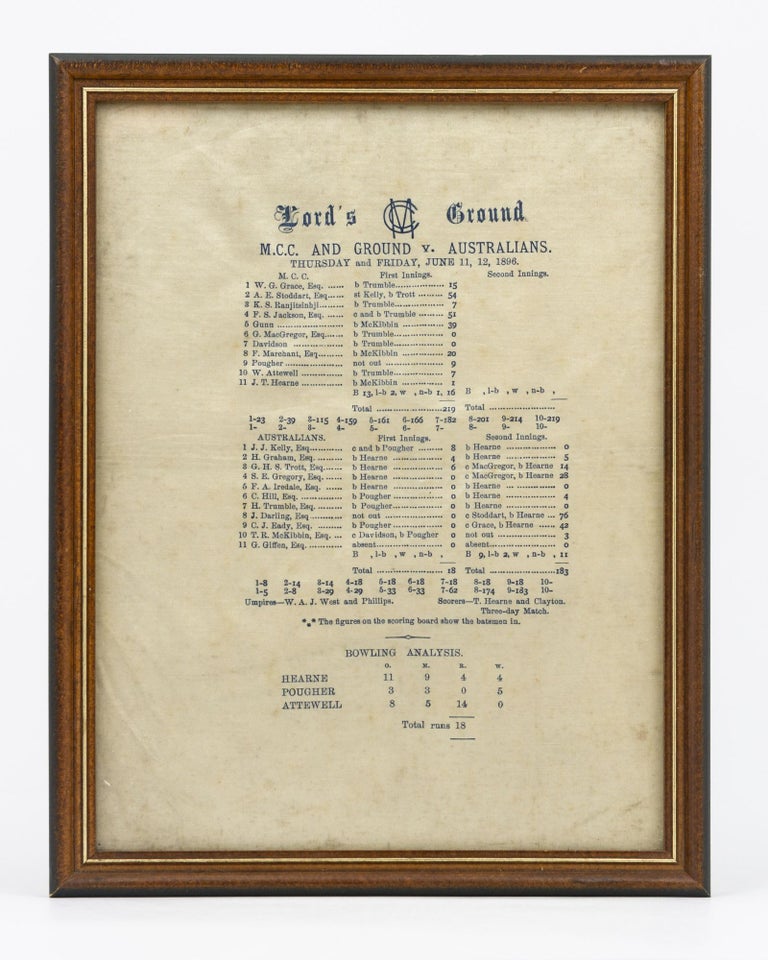 Item #66219 An end-of-match silk scorecard from the match at 'Lord's Ground. MCC and Ground v. Australians. Thursday and Friday, June 11, 12, 1896'. Cricket.