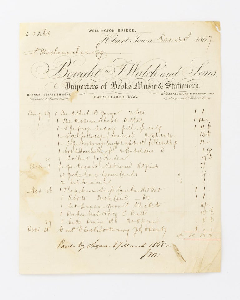 Item #69657 An invoice dated 31 December 1867 from J. Walch and Sons, Importers of Books, Music and Stationery, Hobart Town. Cricket.