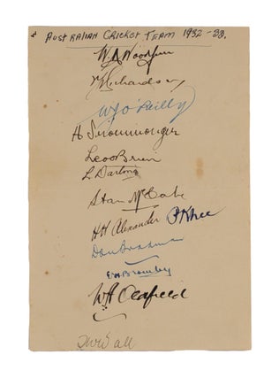 A detached autograph album leaf (160 × 110 mm) signed in ink by the 1932-33 Australian team for the Fifth Test of the Bodyline Series, played at the SCG on 23-28 February 1933