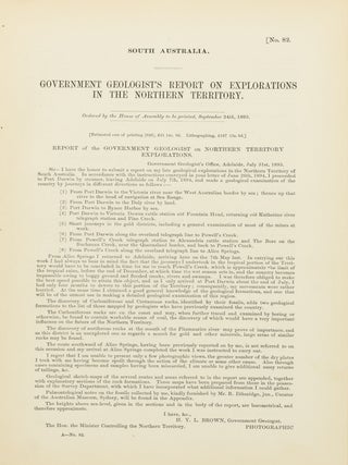 Item #75096 Government Geologist's Report on Explorations in the Northern Territory. H. Y L. BROWN