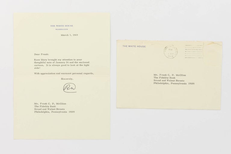 Item #76072 A typed letter signed (with his familiar monogram) to Frank C.P. McGlinn, Fidelity Bank, Philadelphia, on White House letterhead, 3 March 1969. The letter, written during Nixon's presidency, is short but oh so sweet: 'Dear Frank | Rose Mary brought my attention to your | thoughtful note of January 24 and the enclosed | cartoon. It is always good to look at the light | side! | With appreciation and warmest personal regards'. Richard NIXON.