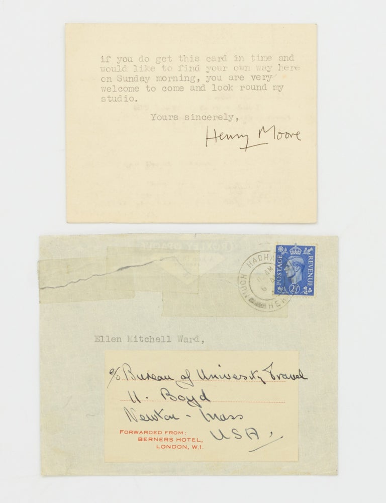 Item #76088 A typed personal postcard (87 &times; 114 mm) signed to Ellen Mitchell Ward, 5 August 1949 (with the original redirected envelope). English sculptor, visual artist.