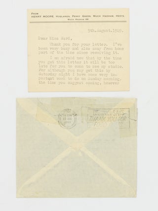 A typed personal postcard (87 &times; 114 mm) signed to Ellen Mitchell Ward, 5 August 1949 (with the original redirected envelope)