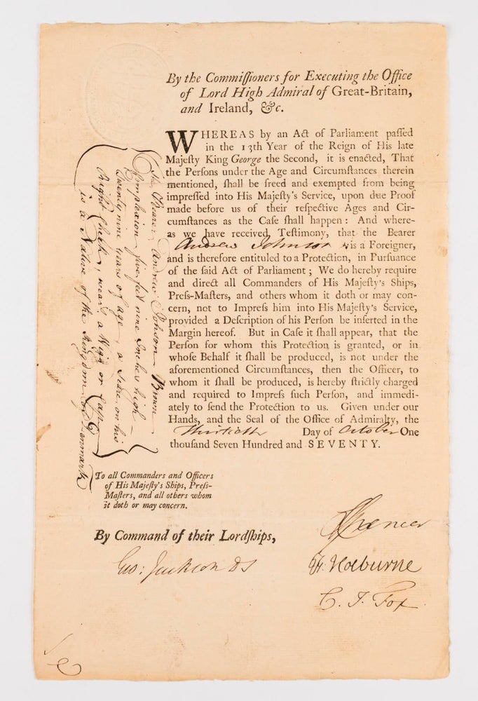 Item #76111 A document signed by Sir George Jackson (1725-1822), as Judge Advocate of the Fleet, on 30 October 1770, the year his friend Captain James Cook named Port Jackson (and Cape Jackson in New Zealand) after him. Sir George JACKSON, Charles FOX.