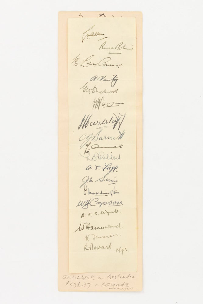 Item #83093 A sheet of paper signed in ink by all seventeen members of the MCC touring team in Australia in 1936-37. Cricket, MCC.