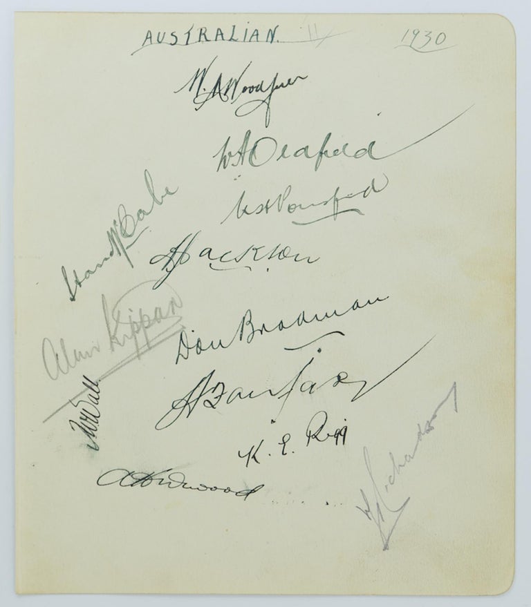 Item #86595 A detached autograph album leaf (195 × 165 mm) signed (mainly in ink) by twelve members of the 1930 Australian team, almost certainly collected at the time of the first-ever Test match against the West Indies in Adelaide in December 1930. Cricket, 1930 Australia.