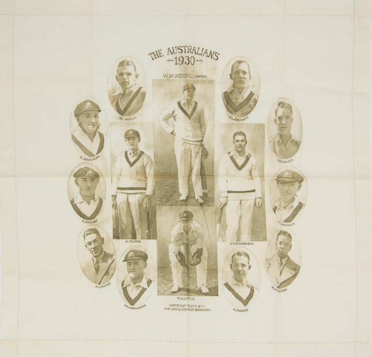 Item #86596 A linen handkerchief (405 × 425 mm) produced to commemorate the 1930 tour of England by the Australian Test team. Cricket, 1930 Australia.
