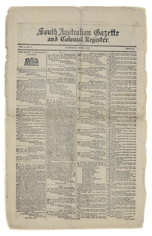 Item #88544 South Australian Gazette and Colonial Register. Volume 1, Number 2, Adelaide, Saturday 3 June 1837