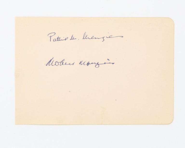 Item #89947 A detached autograph album leaf (120 × 178 mm), signed in ink by Robert Menzies and his wife Pattie M[aie] Menzies (her signature appears first). Sir Robert Gordon MENZIES.