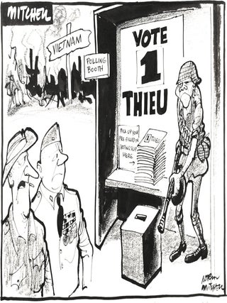 A substantial archive of original pen and ink cartoon artwork by Norm Mitchell, editorial cartoonist for the Adelaide 'Advertiser' for 30 years until his untimely death. He won a Walkley Award for the best Australian cartoon in 1975