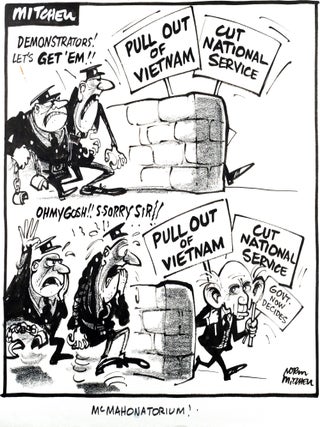 A substantial archive of original pen and ink cartoon artwork by Norm Mitchell, editorial cartoonist for the Adelaide 'Advertiser' for 30 years until his untimely death. He won a Walkley Award for the best Australian cartoon in 1975