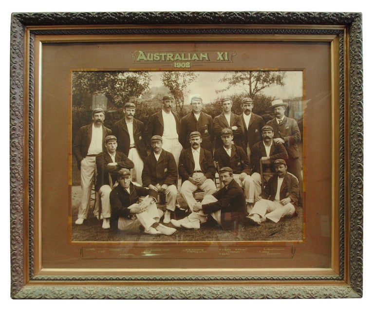 Item #96341 '1902 Australian XI'. A superb vintage gelatin silver photograph by Thomas Bolland of London (a gigantic 440 × 600 mm, glazed, with the original calligraphic mount and ornate frame) of the entire fourteen-man squad to tour England. Cricket.