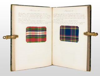 A large nineteenth century scrapbook (430 × 310 mm, half suede and marbled papered boards, with 140 leaves) containing 66 samples of fabric (circa 1870) mounted one to a page on 69 (almost) consecutive pages