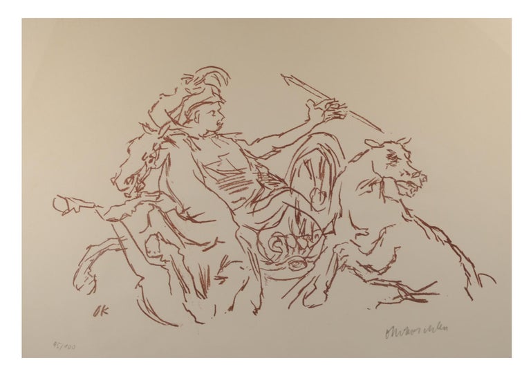 Item #97501 'Achills Sturz' [Achilles' Fall, 1969]. An original chalk lithograph (now archivally matted, visible surface 325 × 415 mm) printed in red-brown ink on handmade paper, signed and numbered (95/100) by the artist in pencil in the lower margin. Wingler and Wenz 453 (noting that a further 40 copies in three variants were produced, 20 'hors de commerce' and 20 for the artist). In fine condition. Oskar KOKOSCHKA, poet and playwright Austrian artist.