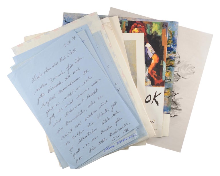 Item #97504 A UNICEF Christmas card (printed on paper, unfolded dimensions 220 × 155 mm); on the blank verso is an autograph letter signed from Olda (Mrs Kokoschka). It is also inscribed and signed at the foot of the letter 'Love and kindest wishes for 1977, yours, Oskar Kokoschka'. The letter, to unnamed recipients, contains season's greetings and thank yous for various kindnesses; we know it to be addressed to one of his former students, Ernest Roth, and his wife in Adelaide, South Australia. Oskar KOKOSCHKA, poet and playwright Austrian artist.