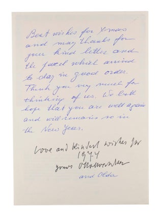 A UNICEF Christmas card (printed on paper, unfolded dimensions 220 × 155 mm); on the blank verso is an autograph letter signed from Olda (Mrs Kokoschka). It is also inscribed and signed at the foot of the letter 'Love and kindest wishes for 1977, yours, Oskar Kokoschka'. The letter, to unnamed recipients, contains season's greetings and thank yous for various kindnesses; we know it to be addressed to one of his former students, Ernest Roth, and his wife in Adelaide, South Australia