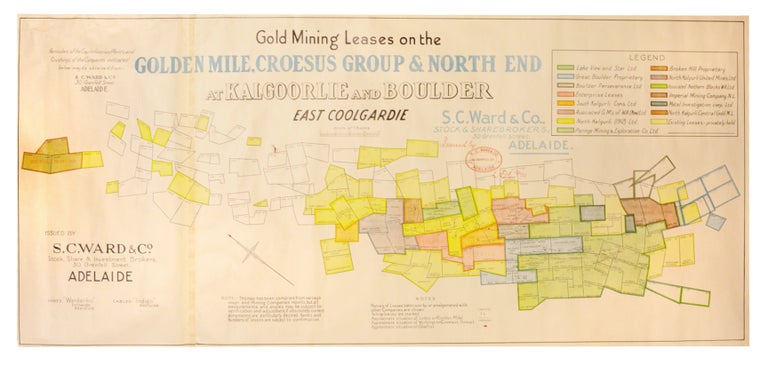 Item #98577 Gold Mining Leases on the Golden Mile, Croesus Group & North End at Kalgoorlie, and Boulder, East Coolgardie... Issued by S.C. Ward and Co., [Stock & Share Brokers], 30 Grenfell St., Adelaide ... EOE 15/11/33. Map: Kalgoorlie and Coolgardie.