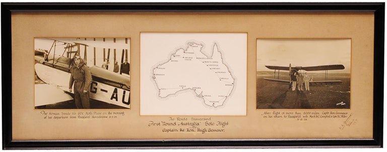Item #98943 A rare and important photographic souvenir commemorating the first round-Australia solo flight, completed by Captain the Hon. Hugh Grosvenor, May-June 1929. The item, framed and glazed (external dimensions 315 x 815 mm), comprises a pair of original vintage gelatin silver photographs (each 150 x 200 mm, one signed in white ink by the Adelaide photographer, Darian Smith) mounted together with a hand-drawn ink route map (175 x 225 mm). The original matt is inscribed with basic details of the flight (between 6 May and 5 June 1929); it is further signed in ink by the pilot ('H.R. Grosvenor / Adelaide / 5/6/29'). Aviation, Captain Hugh GROSVENOR.
