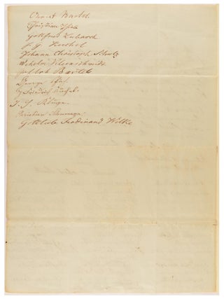 A manuscript petition signed by 54 'householders and members of the German Lutheran Congregations of Klemzig and Hahndorf' on 26 May 1842, seeking to have Pastor Kavel licensed as an Officiating Minister under a new 'Act for Regulating Marriages in the Province of South Australia'
