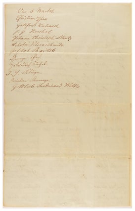 A manuscript petition signed by 54 'householders and members of the German Lutheran Congregations of Klemzig and Hahndorf' on 26 May 1842, seeking to have Pastor Kavel licensed as an Officiating Minister under a new 'Act for Regulating Marriages in the Province of South Australia'